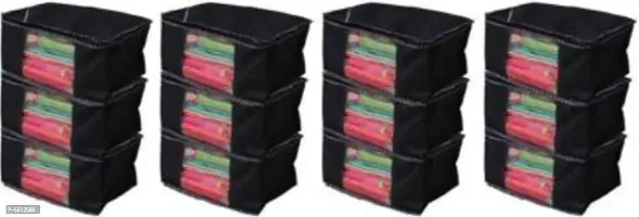Designer Non Woven Fabric 12 Piece Saree Cover Large Storage Bags, Cloth Organizer with Transparent Window (Black) pack of 12