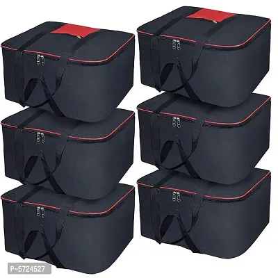 Multi Purpose Foldable Nylon Storage Bag with Zip Pack of 6- Black