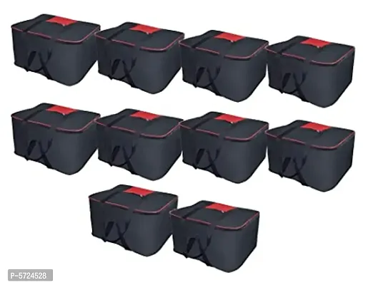 Multi Purpose Foldable Nylon Storage Bag with Zip Pack of 10 Black-thumb0