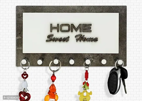 PSM HEAVEN IN HOME? 504 Heavy Duty Self Adhesive Decorative Sticky Home Sweet Home Wooden Key Holder with 7 pin (225mm x 110 mm) Pack of 1 (Wooden and Acrylic, HSH Glossy) (Gray White)-thumb0