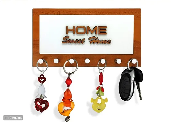 PSM HEAVEN IN HOME? 504 Heavy Duty Self Adhesive Decorative Sticky Home Sweet Home Wooden Key Holder with 7 pin (225mm x 110 mm) Pack of 1 (Wooden and Acrylic, HSH Glossy) (Cherry White)