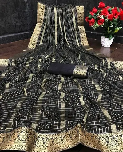 Georgette Checked Jacquard Lace Border Sarees With Blouse Piece