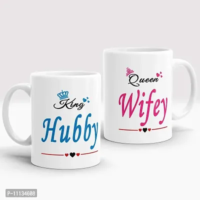 Gift Arcadia Ceramic King Hubby & Queen Wifey Coffee Mug - 2 Pieces, White, 330ml (A295)-thumb0