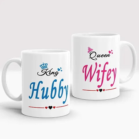 Gift Arcadia King Hubby & Queen Wifey Printed Coffee Mug | Best Gift for Couple, Husband and Wife, 330Ml, (Set of 2) (A295)
