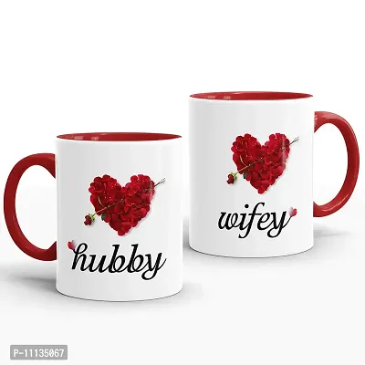 Gift Arcadia Ceramic Hubby & Wifey Rose Petals Coffee Mug - 2 Pieces, Red, 330ml (A131)