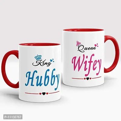 Gift Arcadia Ceramic King Hubby and Queen Wifey Coffee Mug - 2 Pieces, Red, 330ml (A295)-thumb0