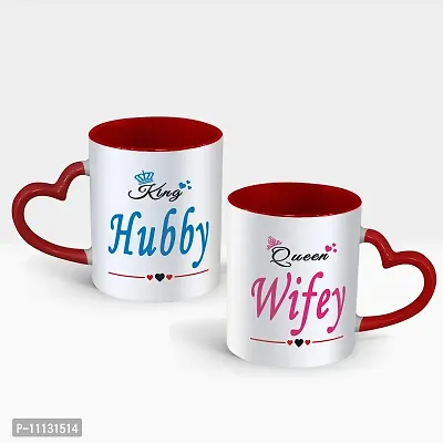 Gift Arcadia Ceramic King Hubby & Queen Wifey Heart Handle Coffee Mug - 2 Pieces, Red, 330ml (A295)-thumb0