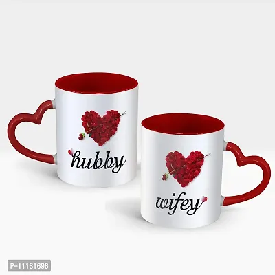 Gift Arcadia Ceramic Hubby & Wifey Rose Petals Heart Handle Coffee Mug - 2 Pieces, Red, 330ml (A131)