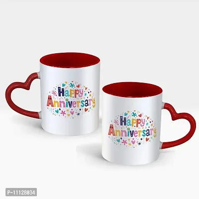 Gift Arcadia Ceramic Happy Anniversary Heart Handle Coffee Mug - 2 Pieces, Red, 330ml (A308)