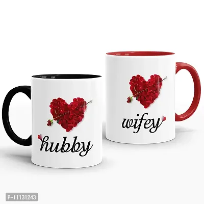 Gift Arcadia Ceramic Hubby & Wifey Rose Petals Coffee Mug - 2 Pieces, Multicolor, 330ml (A131)