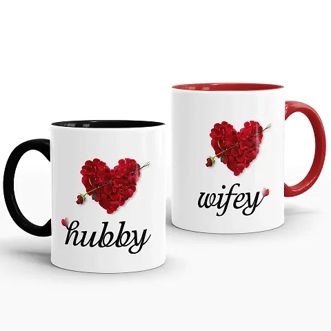 Gift Arcadia Hubby and Wifey with Rose Petals Printed Coffee Mug, Best Gift for Couple, Husband and Wife - (330Ml) (Set of 2)