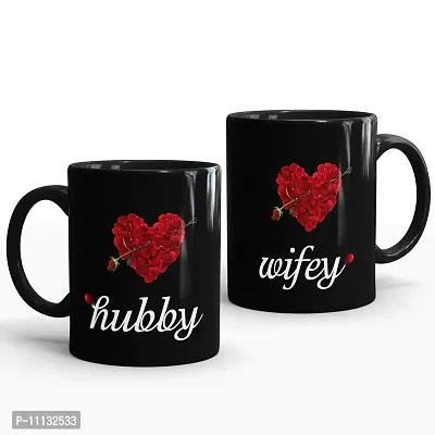 Gift Arcadia Ceramic Hubby & Wifey Rose Petals Coffee Mug - 2 Pieces, Black, 330ml (A131)