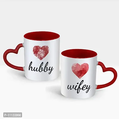 Gift Arcadia Ceramic Hubby & Wifey Heart Handle Coffee Mug - 2 Pieces, Red, 330ml (A015)