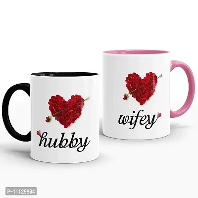 Gift Arcadia Ceramic Hubby & Wifey Rose Petals Coffee Mug - 2 Pieces, Multicolor, 330ml (A131)