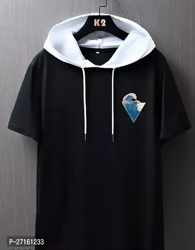 Trendy Black Polyester Hooded Tees For Men