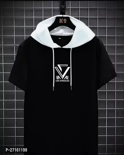 Trendy Black Polyester Hooded Tees For Men