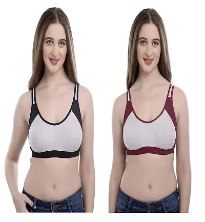 AB36 Women's Cotton Viscose Blended Non-Padded Non-Wired Sports Bra, Double Combo, Size (30-40)
