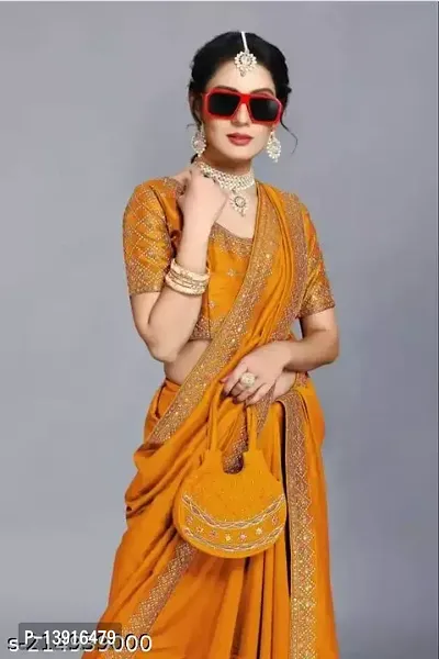 Stylish Vichitra Silk Yellow Solid Saree with Blouse piece