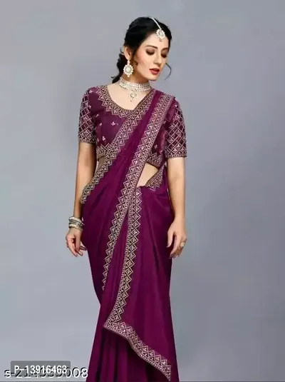 Stylish Vichitra Silk Purple Solid Saree with Blouse piece-thumb0