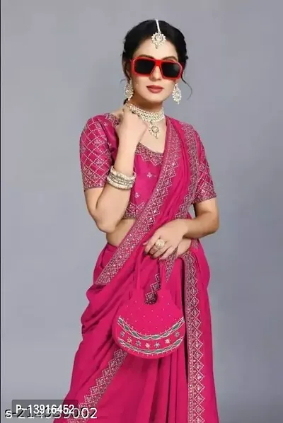 Stylish Vichitra Silk Pink Solid Saree with Blouse piece