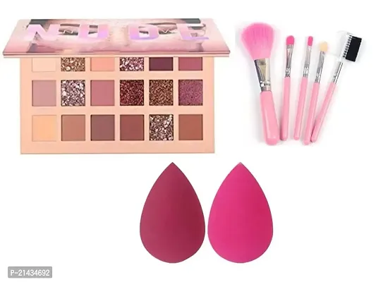 MISSDOLL Nude Eyeshadow Palette(18 Highly Pigmented Nude Shimmery Matte Colours) And 5pic Makeup Brushes Set With 2 Multicolour Beauty Blenders, Shimmery Finish