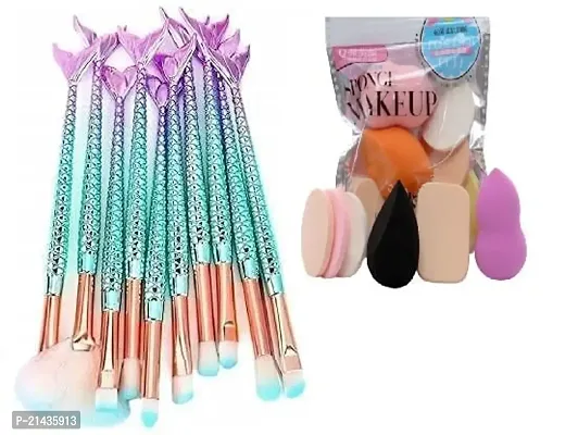 MISSDOLL Fish Tail Makeup Brushes Fish Tail Eye Makeup Brushes, Eyeshadow Concealer Eyeliner Brow Blending Brushes Set (10 Brushes) (with 6 Beauty Blender Set)