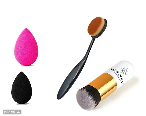 MISS DOLL Professional Makeup Brushes Tool Foundation Brush Flat Brush Cream Makeup Brush And Oval Foundation Brush Black  Beauty Blender (pack of 4)