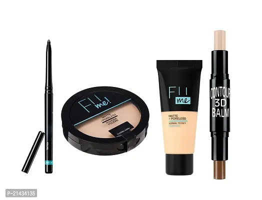 MISS DOLL FiiME POWDER Pore-less Oil Control Compact Powder- Matte Finish Face -Fit Me Matte-Pore-less Liquid Tube Foundation Natural-Highlighter and Contour Stick Highlighter (cream)-KAJAL EYES-Set-4