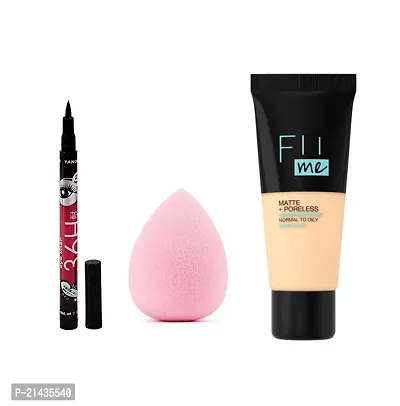 MISS DOLLMakeup Sponge Beauty Blender Puff + Beauty New Fit Me Matte-Pore-less Liquid Tube Foundation Natural With 36h Eye liner SET-3