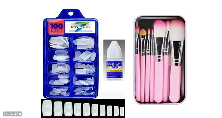 SIRF TUM 7 Artificial Nails Set With Glue White Fake Nails Set Of 100 Pcs+Mini Brush Kit With a Storage Box- PINK, set of 7(PINK)