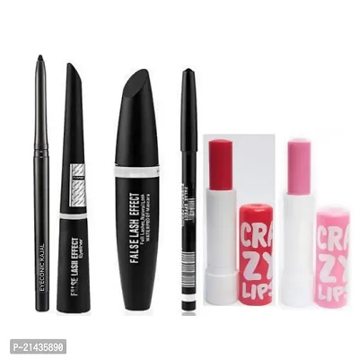 MISSDOLL combo waterproof eyeliner,mascara,eyebrow pencil with kajal and crazy lip balm pair of 2 (set of 6)