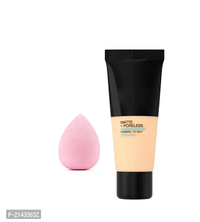 MISS DOLL Makeup Sponge Beauty Blender Puff + Skin Tint Mattifying Liquid Foundation | Medium Coverage, Matte Finish, Breathable | Tube Foundation Natural SET-2