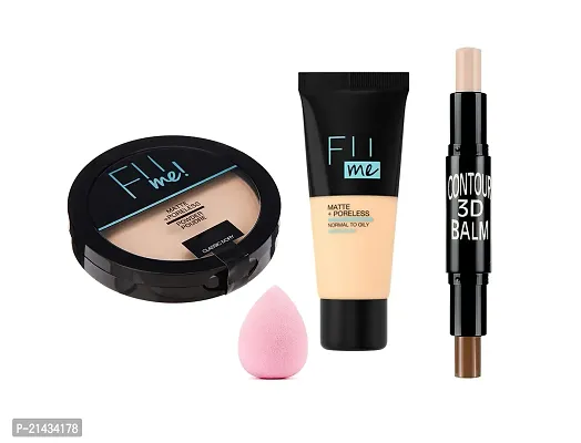 New MISS DOLL FII ME POWDER Pore-less Oil Control Compact Powder- All Day Finish Face -FII Me Matte-Pore-less Liquid Tube Foundation Natural-Highlighter and Contour Stick Highlighter Blender PuffSet-4