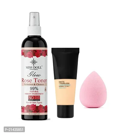 MISS DOLL Glow Rose Toner And Makeup Sponge Beauty Blender Puff + Skin Tint Mattifying Liquid Foundation (Set of 3)-thumb0