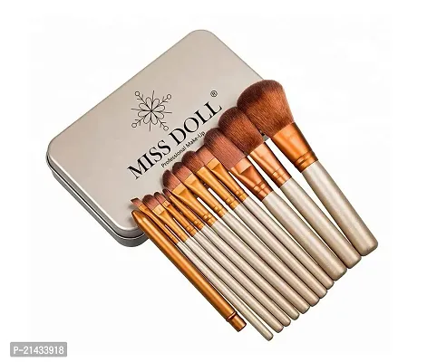 MISS DOLL Professional Makeup Soft and Synthetic Bristle Makeup Brushes Kit with A Silver Storage Box- Silver, Set of 12-thumb0