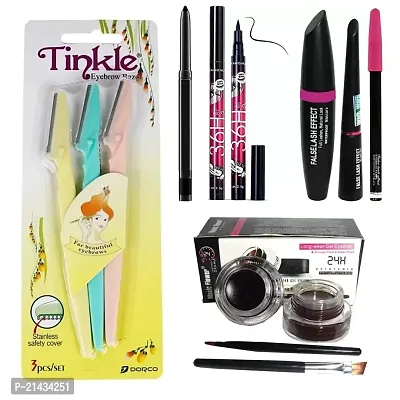 MISSDOLL Hair Removal Shaving Trimmer Eyebrow Shaping Razor 3pc with 3in1 Combo Set + Long Lasting Sketch Eyeliner and Kajal with Gel Eyeliner Kit (Black and Brown) Matte Finish.