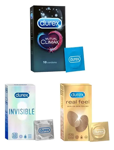 DUREX Real Feel, Invisible And  Mutual Climax Condoms For Men Pack Of 3 Condoms 30