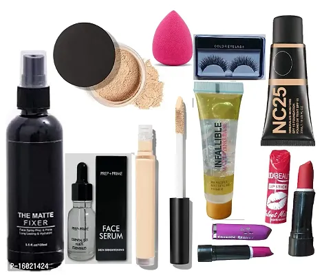 BLD Shine Makeup Combo of 10 Products (Fixer, Loos Powder, Face Serum, Concealer, Infallible, Foundation, Eyelashes, Puff, 2 Lipstick)