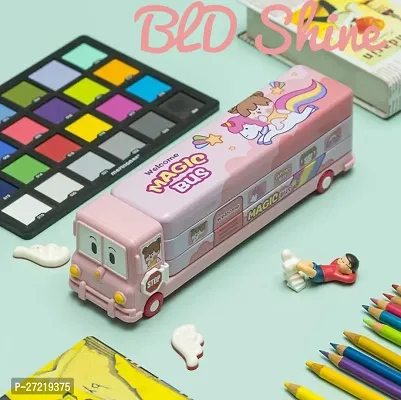 BLD Shine Magic School Bus for girls Moving Wheel Art Metal Pencil Box  (Set of 1, Pink)-thumb3