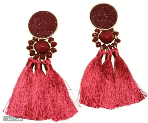 Elegant Maroon Fabric Drop Earrings For Women-thumb0