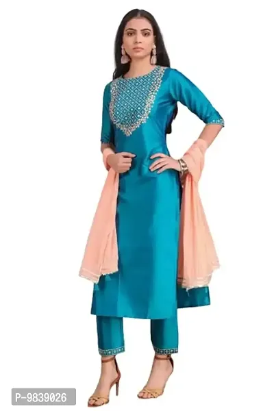 R K FASHION Women's Art Silk Kurta with Palazzo  Dupatta Set (XXL, Petrol)-thumb0