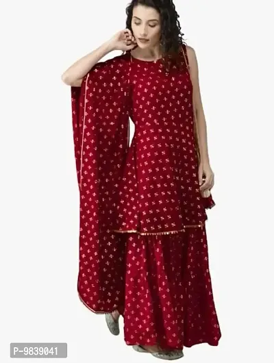 R K FASHION Printed Kurti, Sharara  Dupatta Set, Women Printed Kurti with Sharara  Dupatta (XXL, Red)