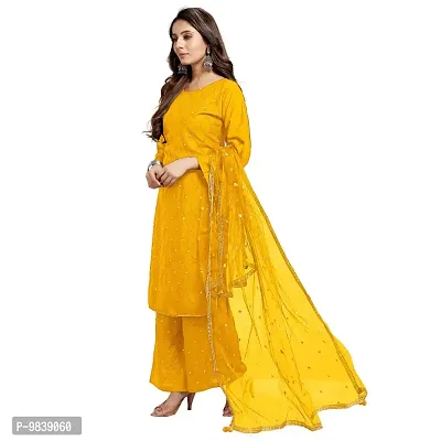 R K FASHION Women's Rayon Straight Embroidered and Mirror Work Kurta with Sharara and Dupatta Set (M, Yellow)-thumb2