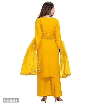 R K FASHION Women's Rayon Straight Embroidered and Mirror Work Kurta with Sharara and Dupatta Set (M, Yellow)-thumb4