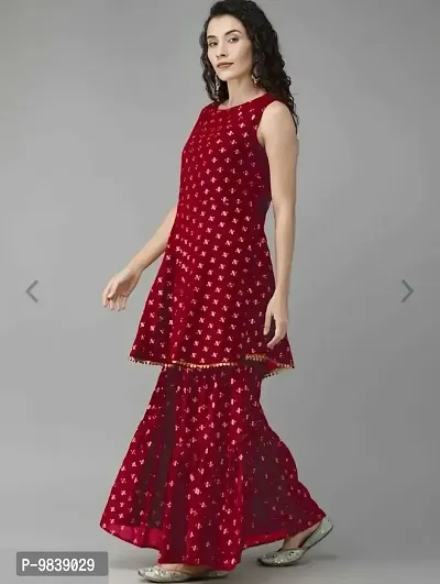 R K FASHION Printed Kurti, Sharara  Dupatta Set, Women Printed Kurti with Sharara  Dupatta (L, Red)-thumb3