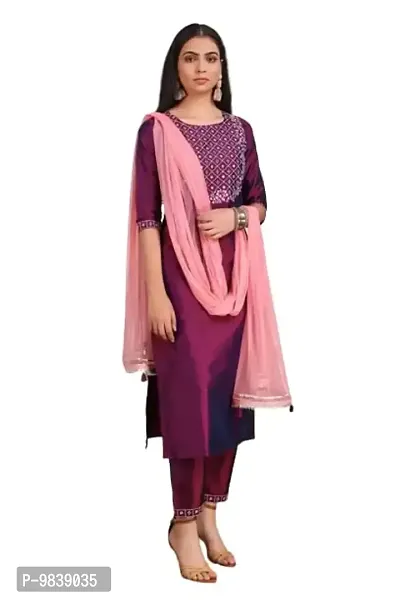 R K FASHION Women's Art Silk Kurta with Palazzo  Dupatta Set (L, Wine)-thumb0