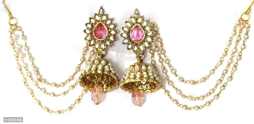 Shree Mauli Creation Light Pink Alloy Pink Drop Jhumka With Pearl Ear Chain Earring for Women SMCE97-thumb0