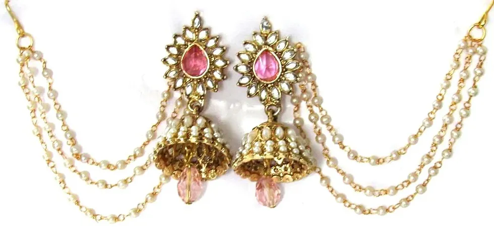 Shree Mauli Creation Light Pink Alloy Pink Drop Jhumka With Pearl Ear Chain Earring for Women SMCE97
