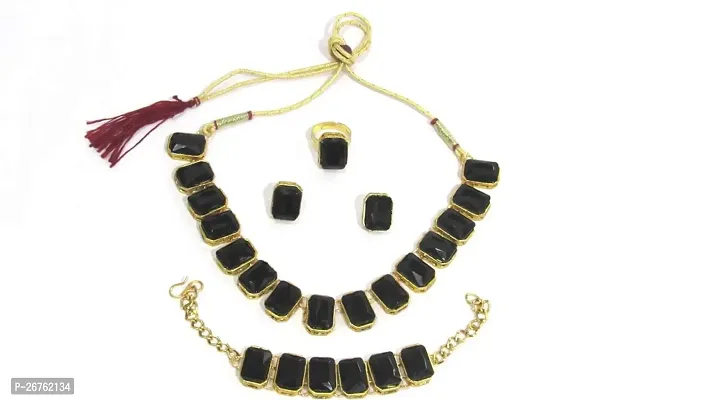 Shree Mauli Creation Black Alloy Black Square Stone Fancy Necklace Set for Women SMCN1161