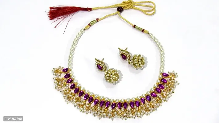 Shree Mauli Creation Purple Alloy Purple Kundan Pearl Gota Necklace Set for Women SMCN119